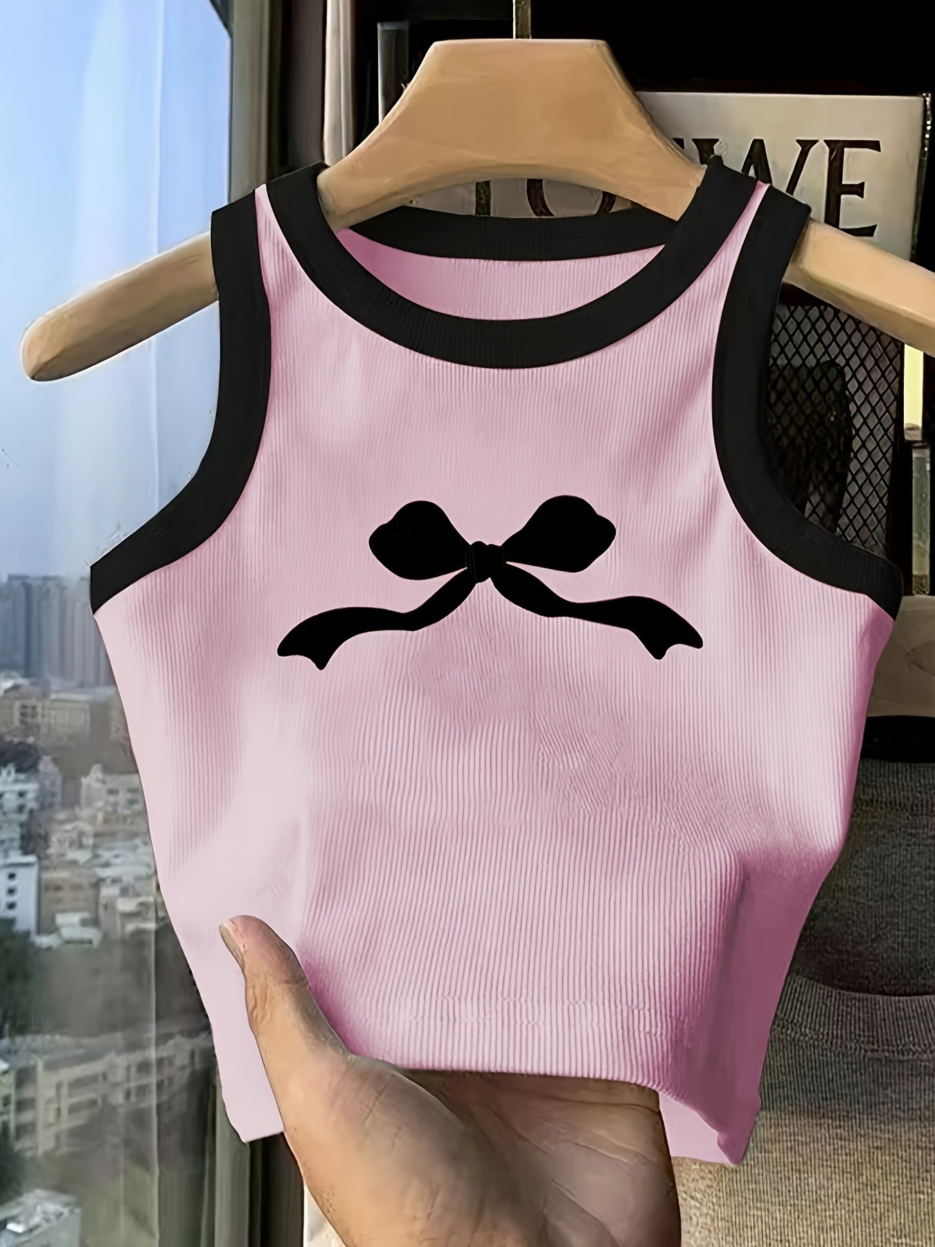 Teenage Girls' Cute Bow Print Tank Top, Simple Fashion for Casual Wear
